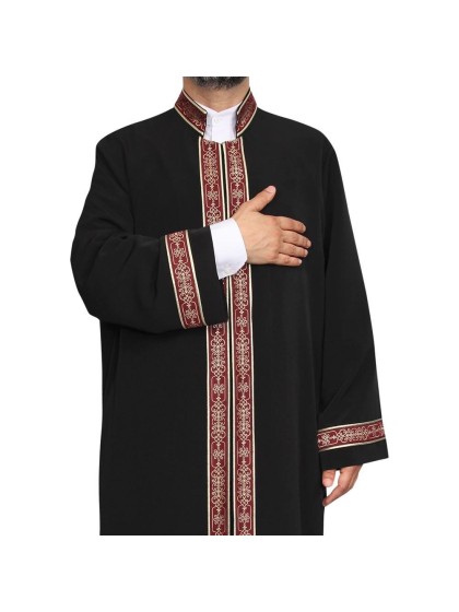 Hakim Yaka Cübbe - Siyah - Bordo Bordür