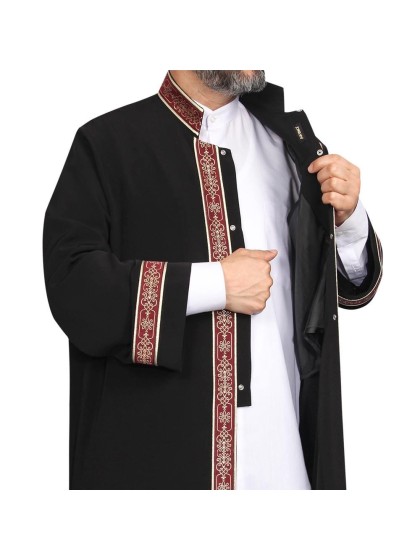 Hakim Yaka Cübbe - Siyah - Bordo Bordür görünüm 2