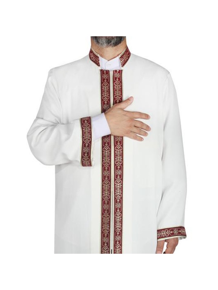 Hakim Yaka Cübbe - Beyaz (Kemik) - Bordo Bordür