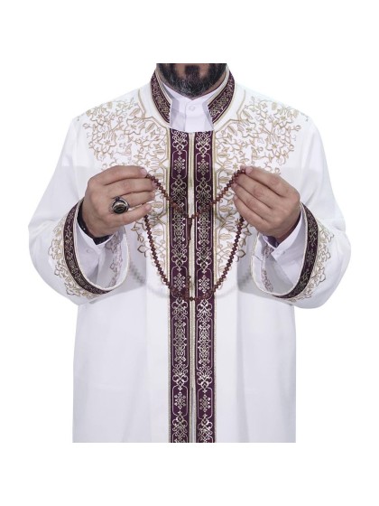 Hakim Yaka Lüks Nakışlı Şehzade Cübbe - Beyaz (Kemik)
