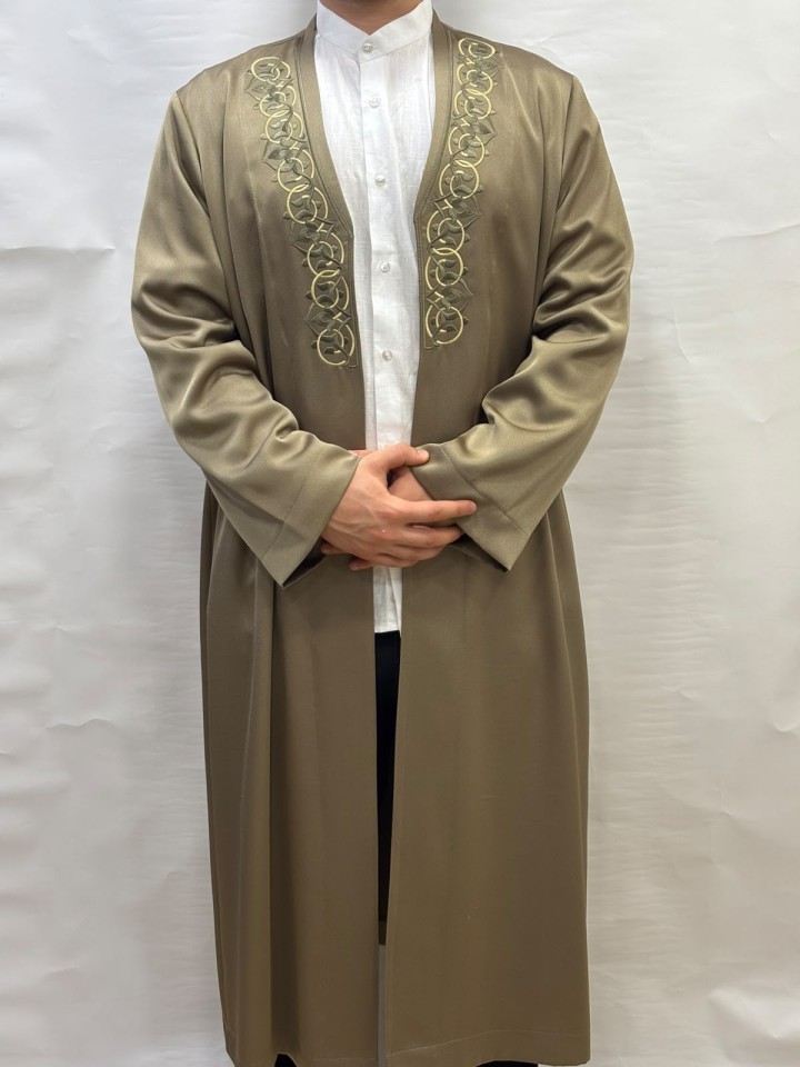 Buhara Yaka Nakışlı Cübbe - Yesil - Gold Nakış
