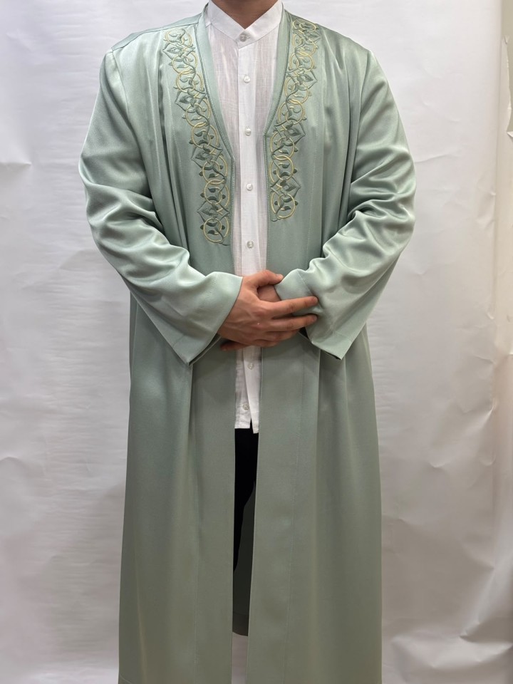 Buhara Yaka Nakışlı Cübbe - Mint Yeşili - Gold Nakış