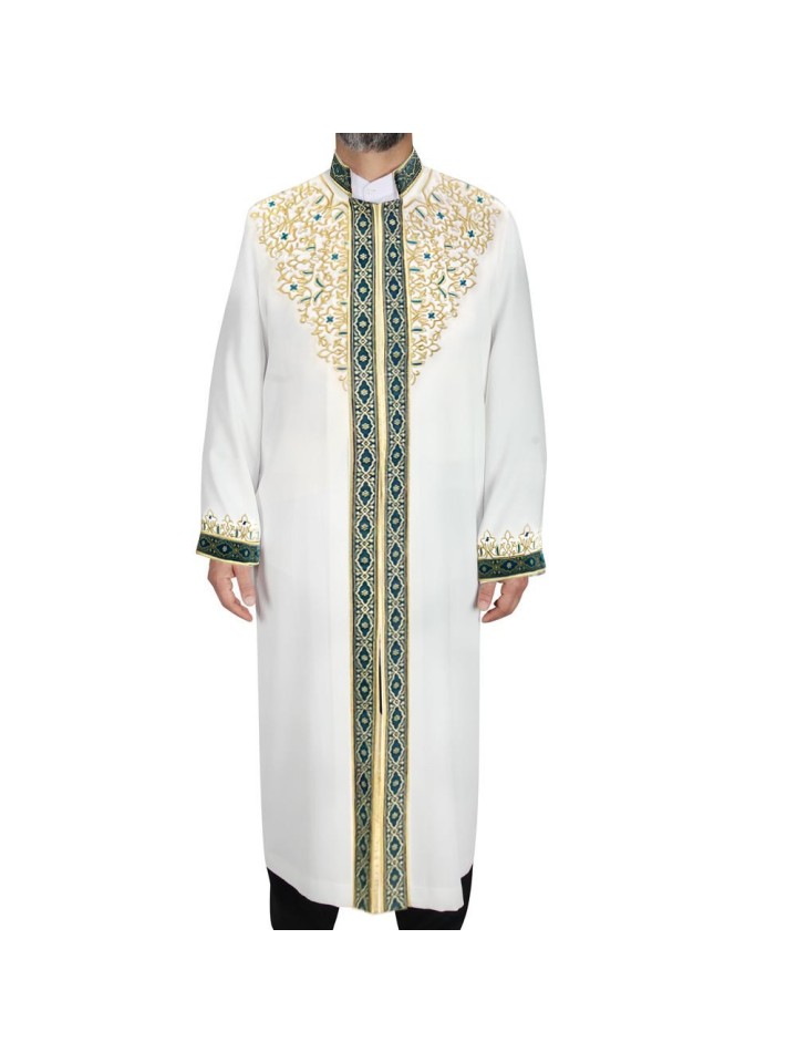 Hakim Yaka Lüks Nakışlı Turkuaz Bordürlü Şehzade Cübbe - Beyaz (Kemik)
