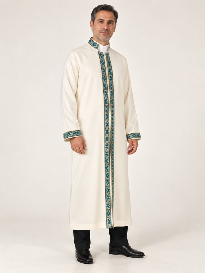 Hakim Yaka Cübbe - Bej - Turkuaz Bordür