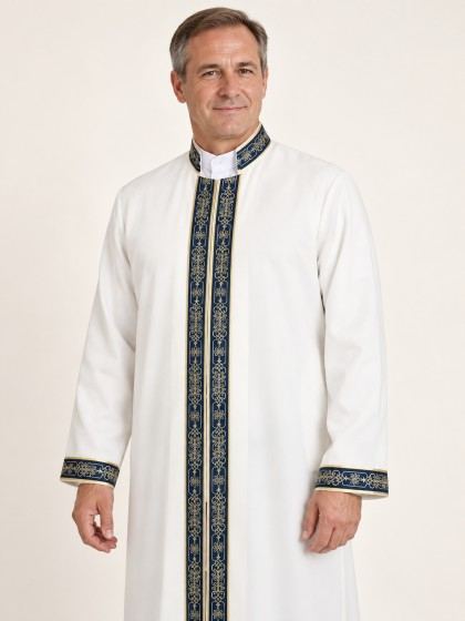 Hakim Yaka Cübbe - Beyaz (Kemik) - Lacivert Bordür