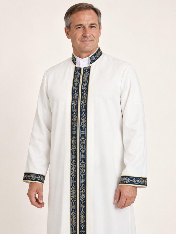 Hakim Yaka Cübbe - Beyaz (Kemik) - Lacivert Bordür