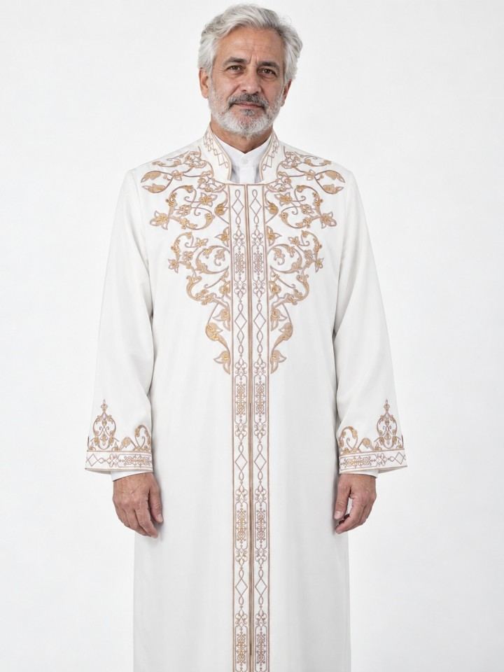 Hakim Yaka Yarım Astarlı Çelebi Cübbe - Beyaz (Kemik) - Gold Nakış