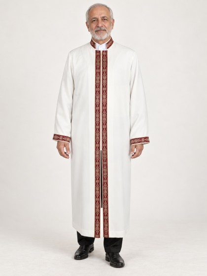 Hakim Yaka Cübbe - Beyaz (Kemik) - Bordo Bordür