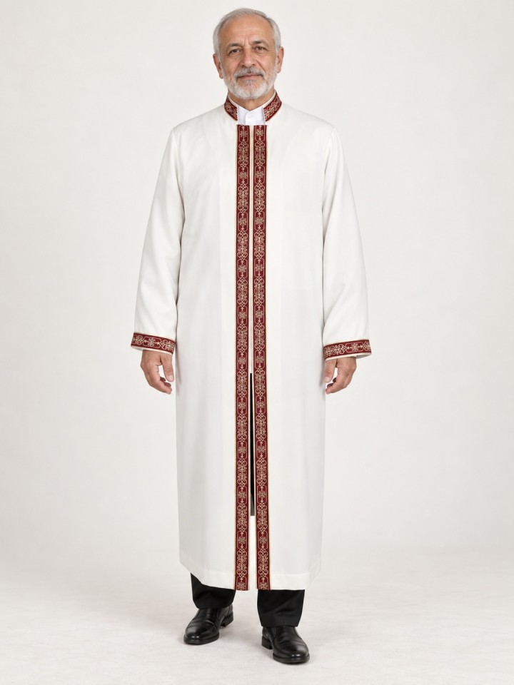 Hakim Yaka Cübbe - Beyaz (Kemik) - Bordo Bordür