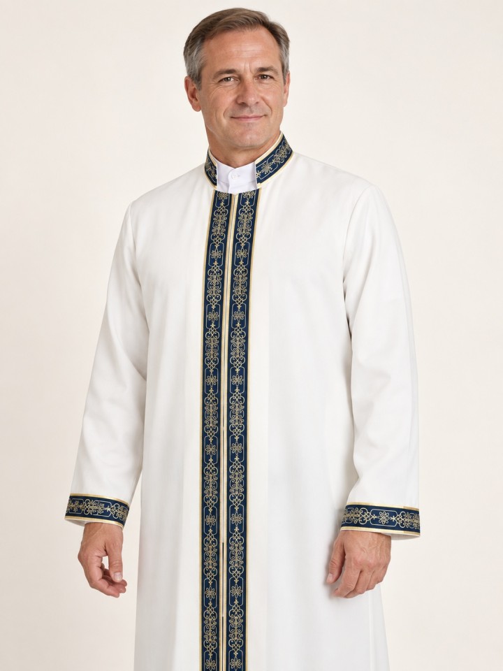 Hakim Yaka Cübbe - Beyaz (Kemik) - Lacivert Bordür