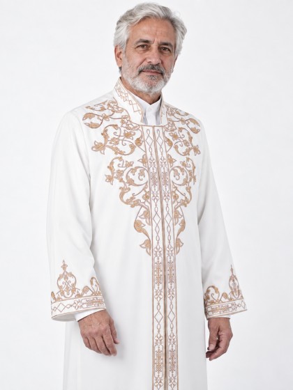 Hakim Yaka Yarım Astarlı Çelebi Cübbe - Beyaz (Kemik) - Gold Nakış görünüm 2